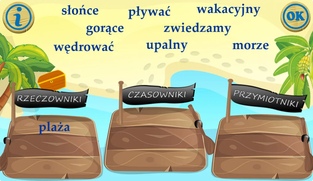 Edukacja wczesnoszkolna - quiz części mowy, zrzut ekranu
