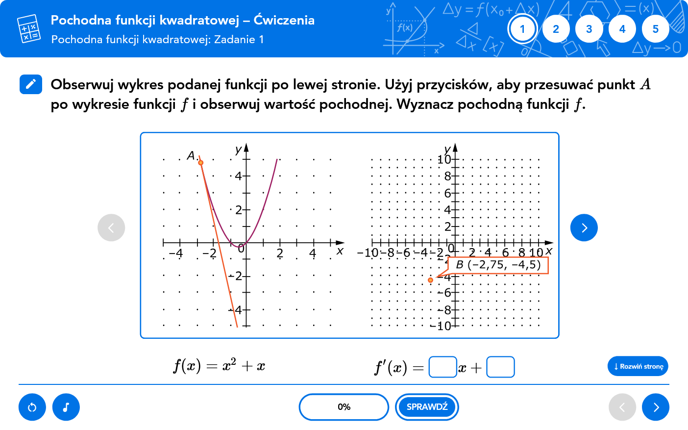 Ekran interaktywny programu - pochodna funkcji kwadratowej i rachunek różniczkowy
