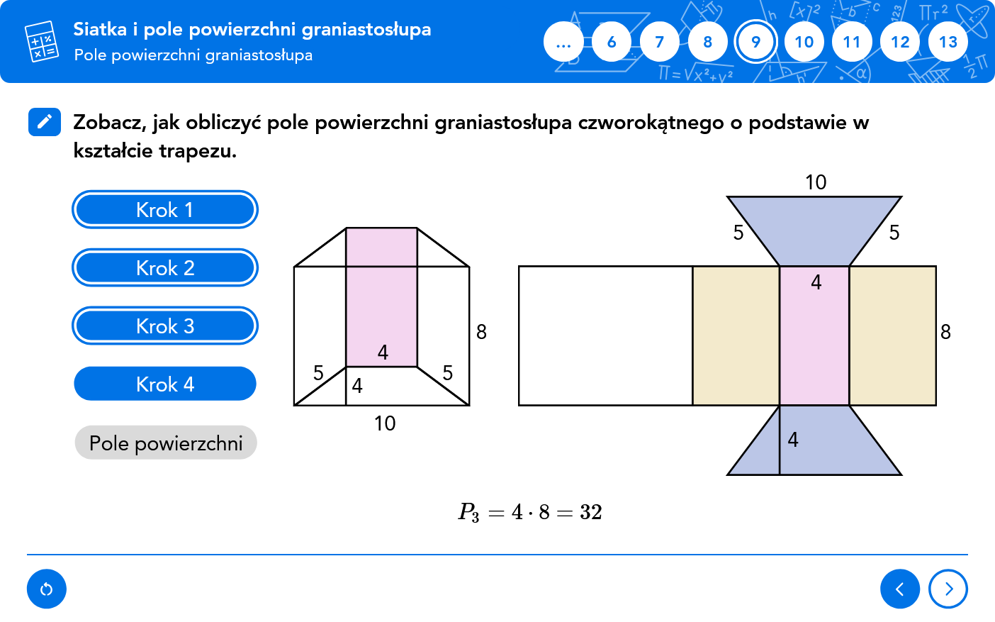 Matematyka. Teoria i praktyka kl. 7-8 - ekran siatki i pola powierzchni graniastosłupa