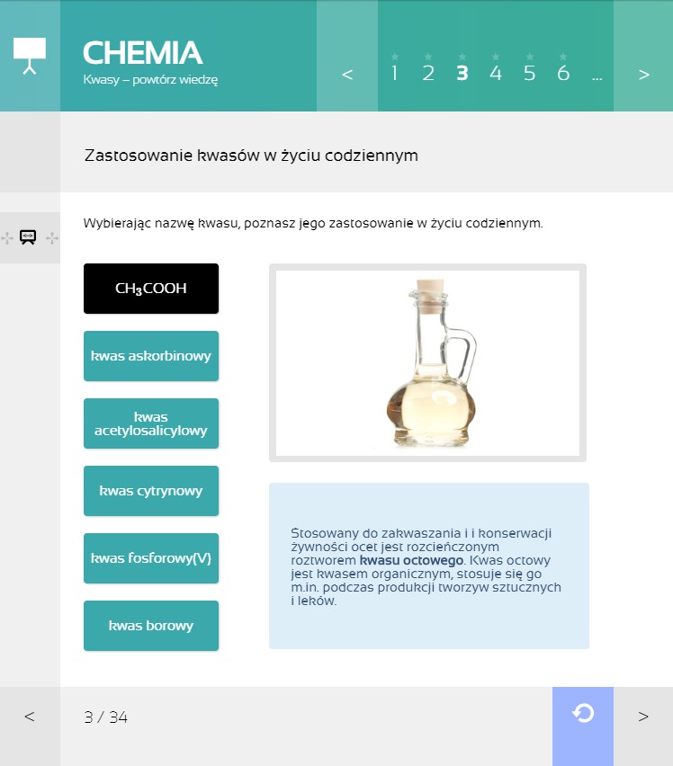 MPP Chemia - ekran lekcji Kwasy, zastosowanie w życiu codziennym