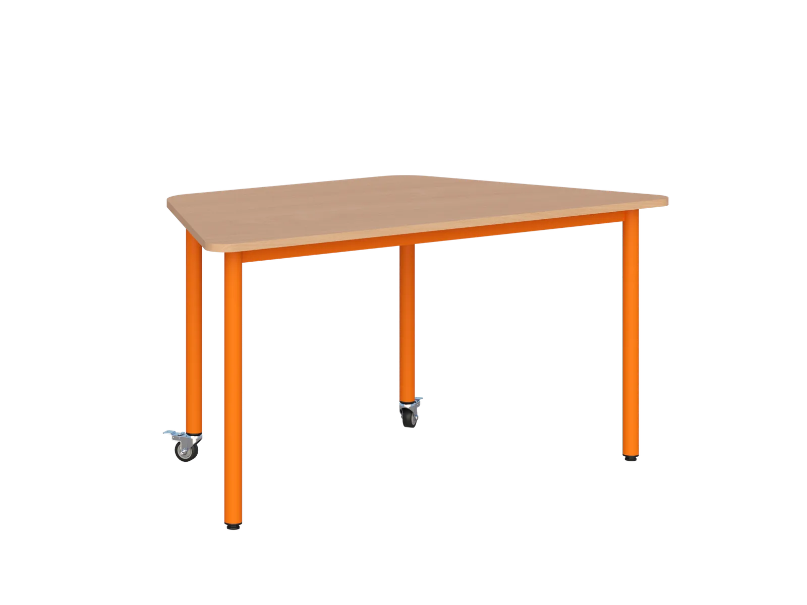 Stolik mobilny trapezowy 1400 × 700 mm - blat drewnopodobny, stelaż pomarańczowy