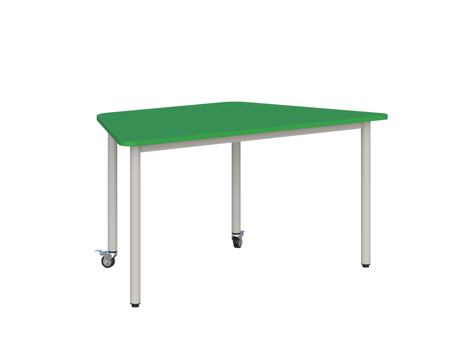 Stolik mobilny z blatem trapezowym 1400 × 700 mm - widok od frontu, blat zielony, stelaż jasny, dwa kółka z hamulcem