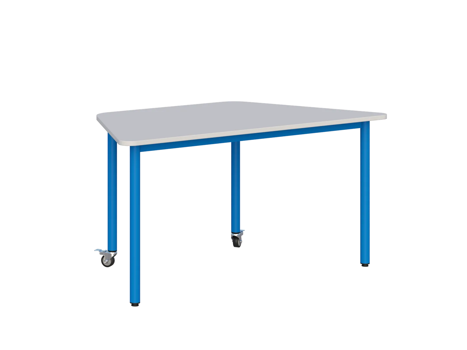 Stolik mobilny trapezowy 1400 × 700 mm - blat jasnoszary, stelaż niebieski