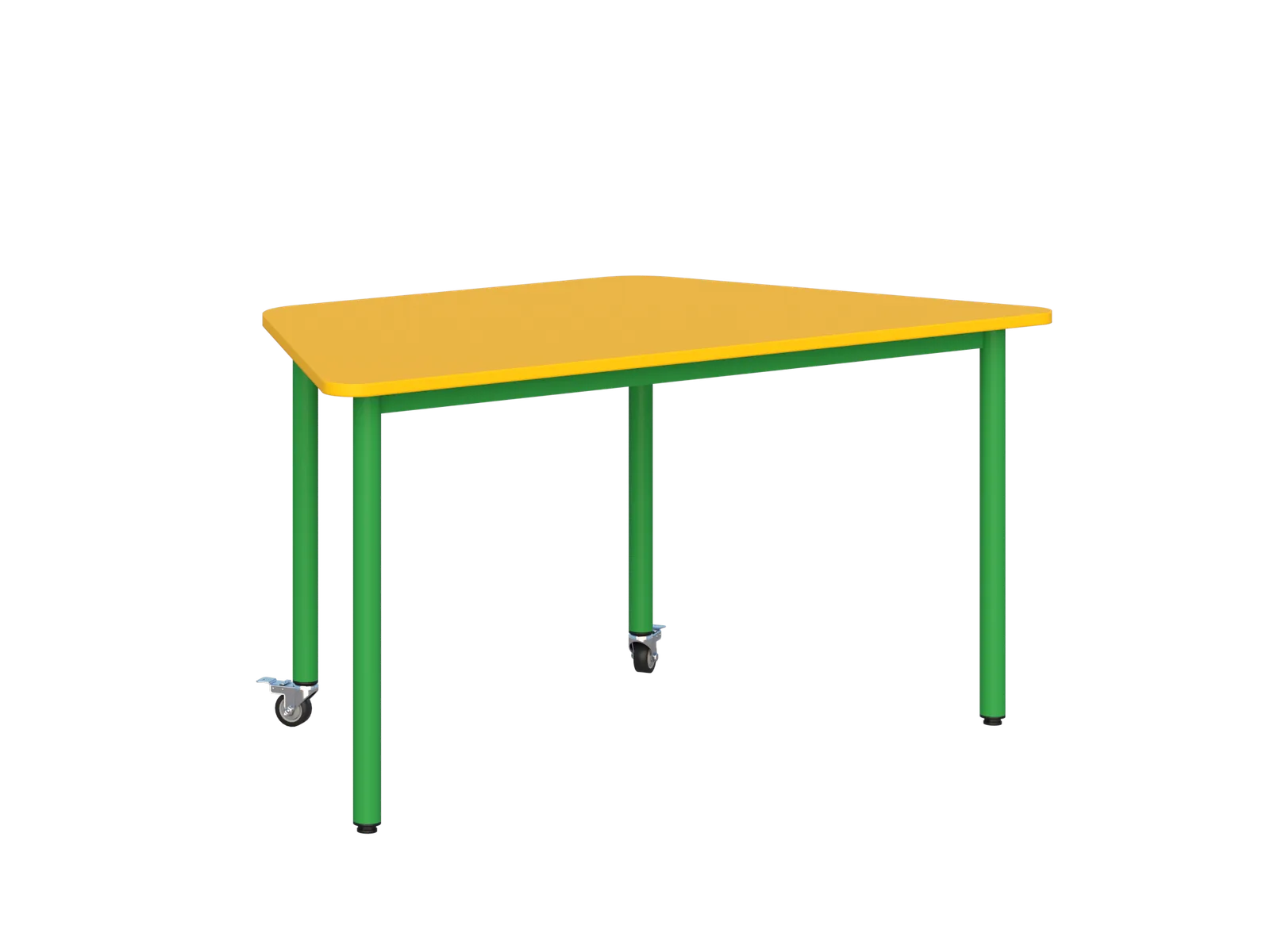 Stolik mobilny trapezowy 1400 × 700 mm - blat żółty, stelaż zielony, kółka z hamulcem i zatyczki poziomu