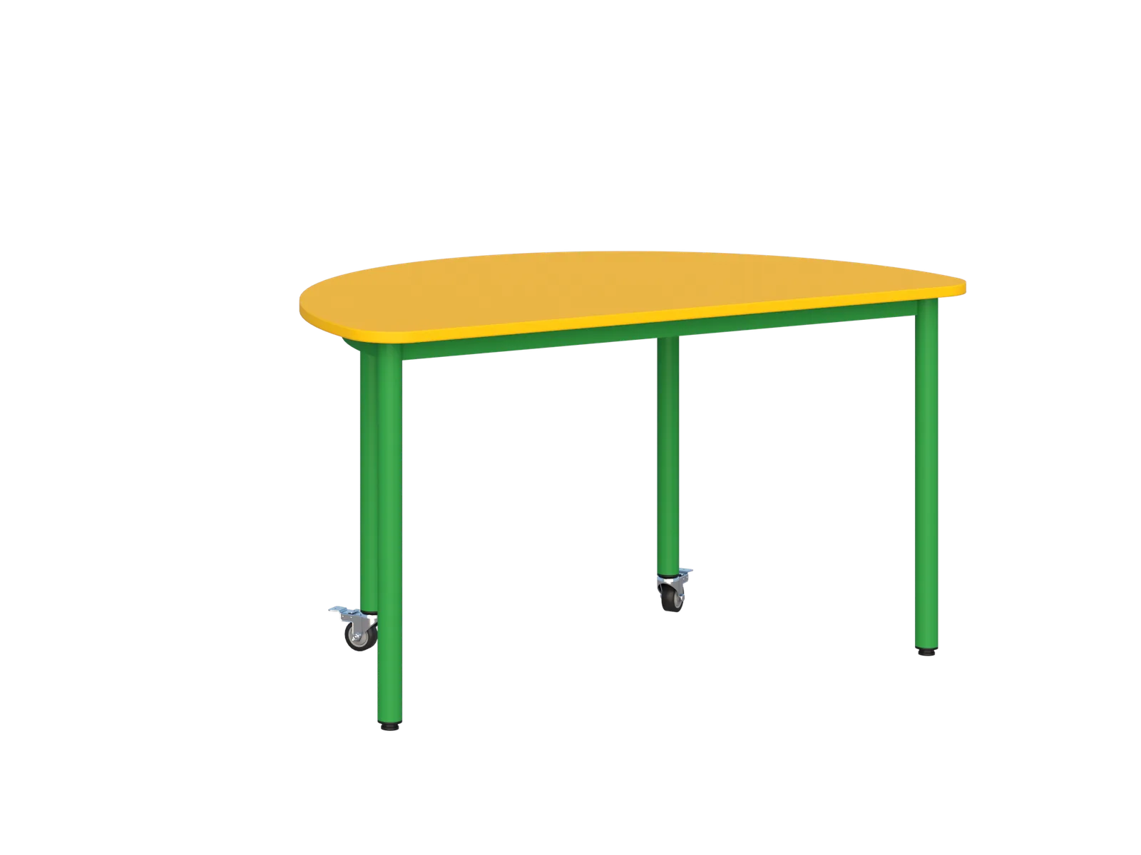 Stolik mobilny z blatem półokrągłym - blat żółty, stelaż zielony, dwa kółka z hamulcem