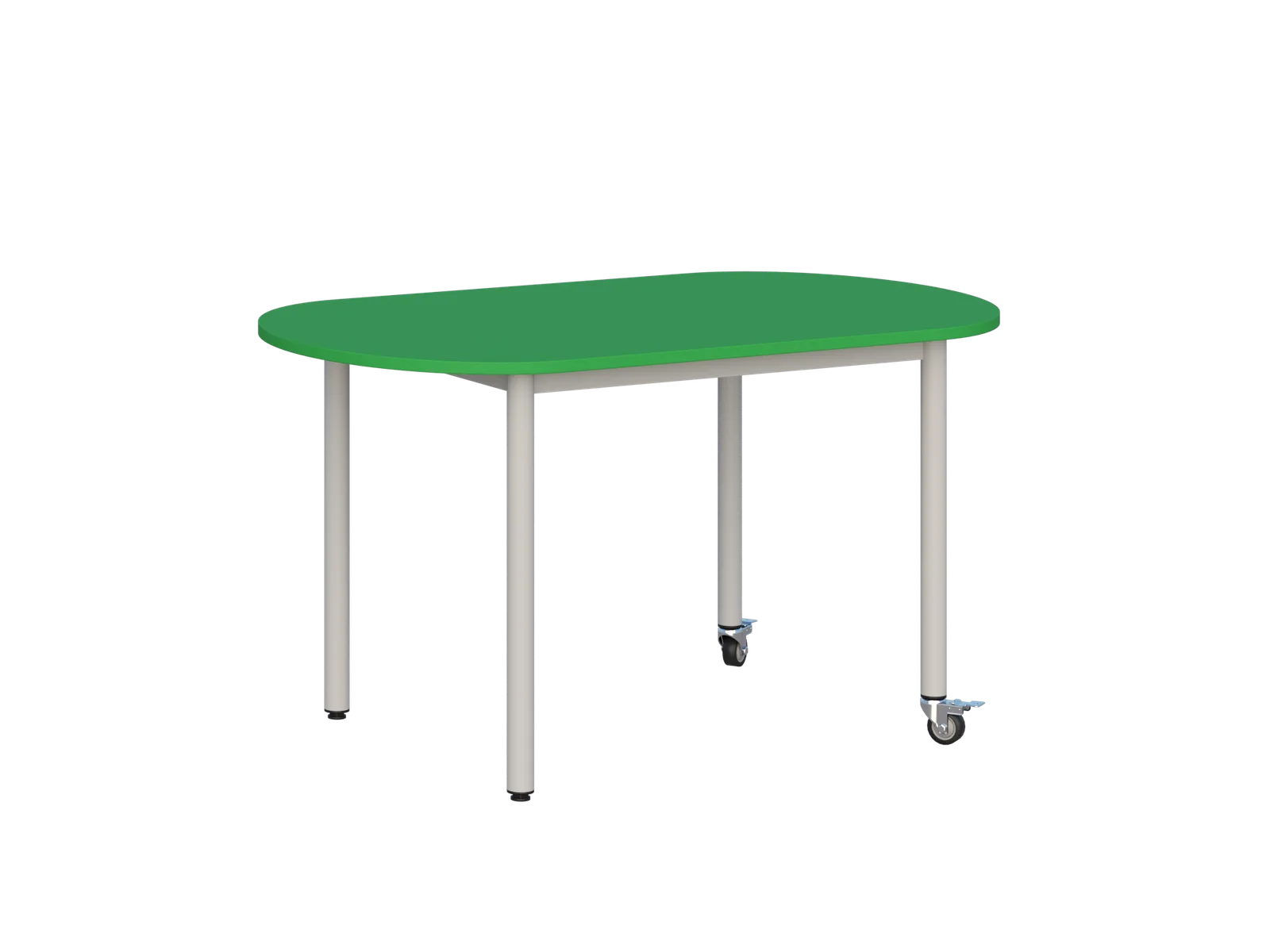 Stolik mobilny szkolno-przedszkolny, blat owalny 1200 × 700 mm - widok od frontu, blat zielony, stelaż jasny, dwie nogi na kółkach z hamulcem
