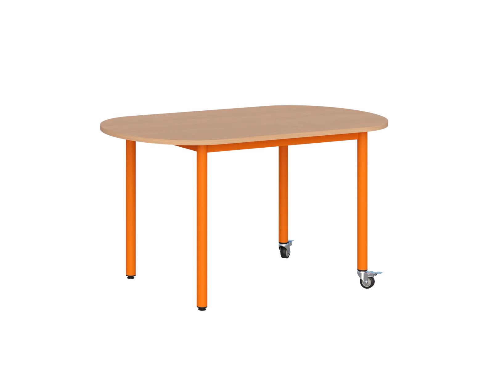 Stolik mobilny szkolno-przedszkolny, blat owalny 1200 × 700 mm - widok od frontu, blat drewnopodobny, stelaż pomarańczowy, dwie nogi na kółkach z hamulcem