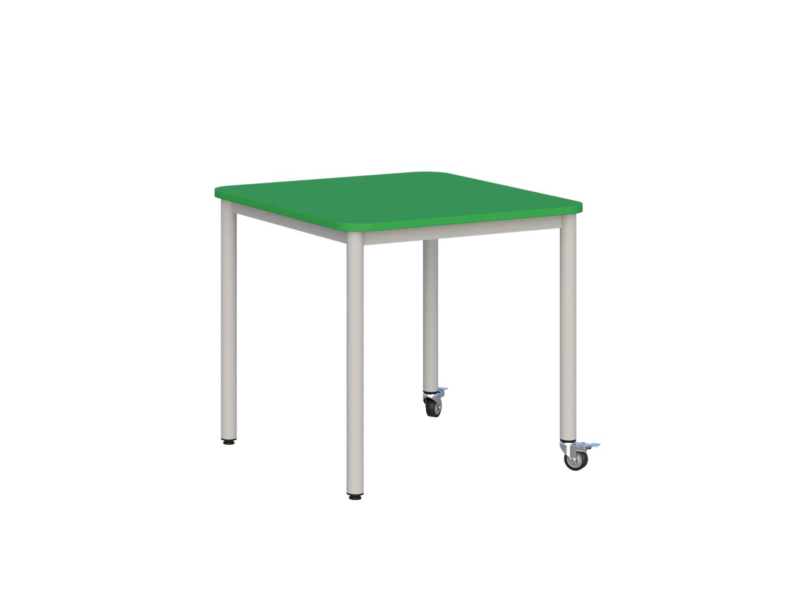 Stolik mobilny szkolno-przedszkolny z blatem kwadratowym 700 × 700 mm - widok od frontu, blat zielony, stelaż jasny, dwie nogi na kółkach