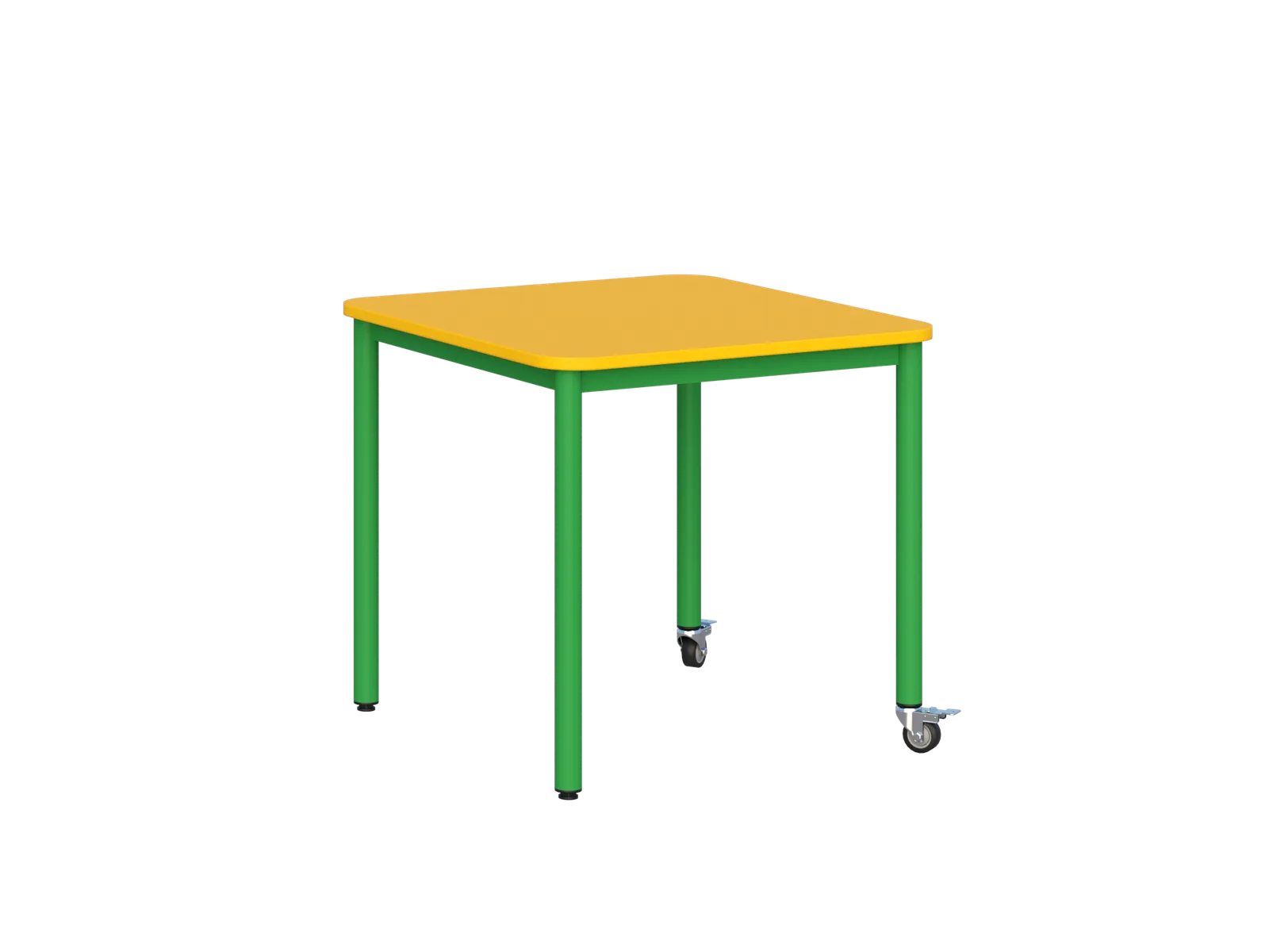 Stolik mobilny z blatem kwadratowym 700 × 700 mm - blat żółty, stelaż zielony, kółka z hamulcem na dwóch nogach
