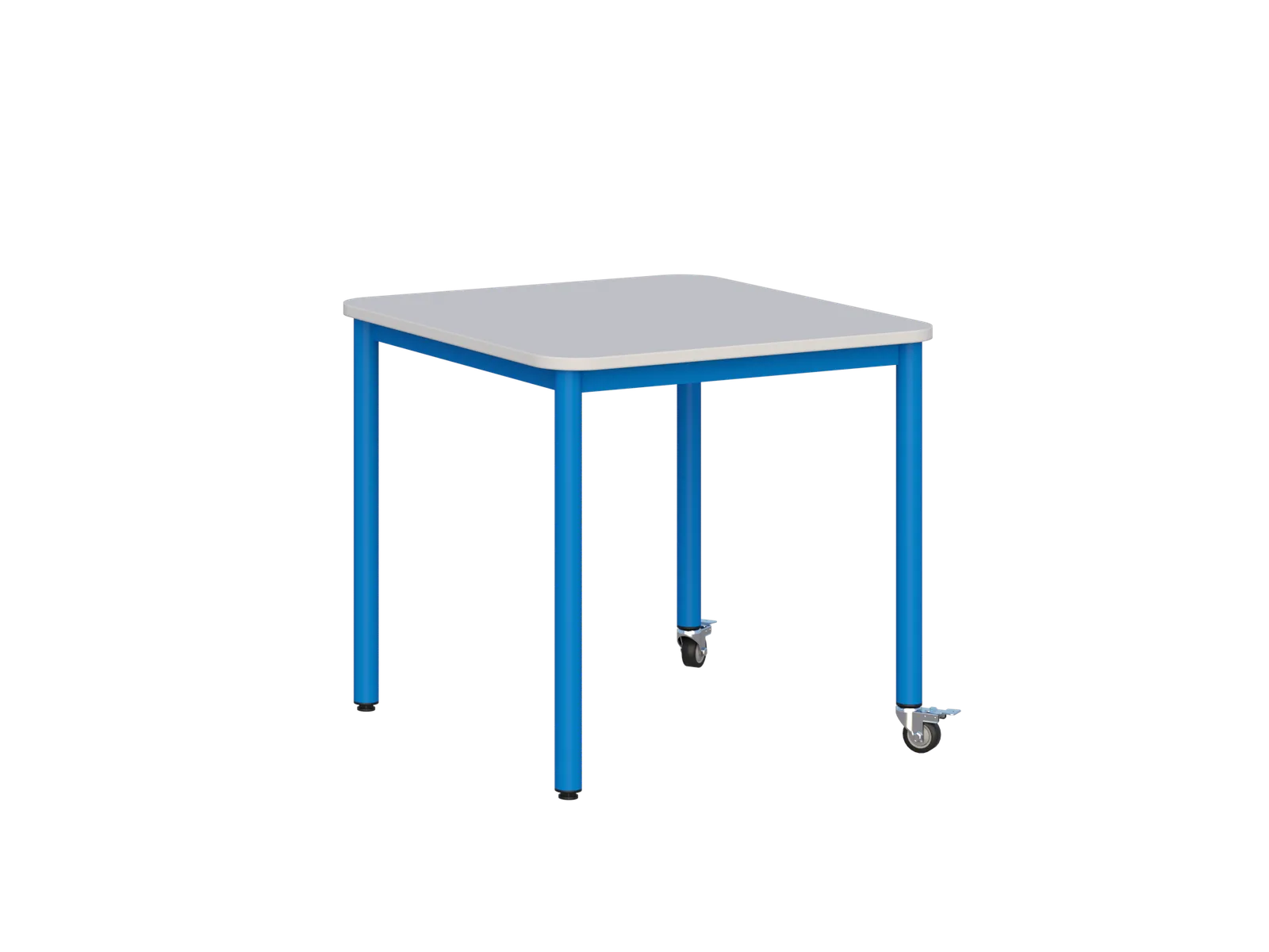 Stolik mobilny szkolno-przedszkolny 700 × 700 mm - blat jasny, stelaż niebieski, kółka z hamulcem na dwóch nogach