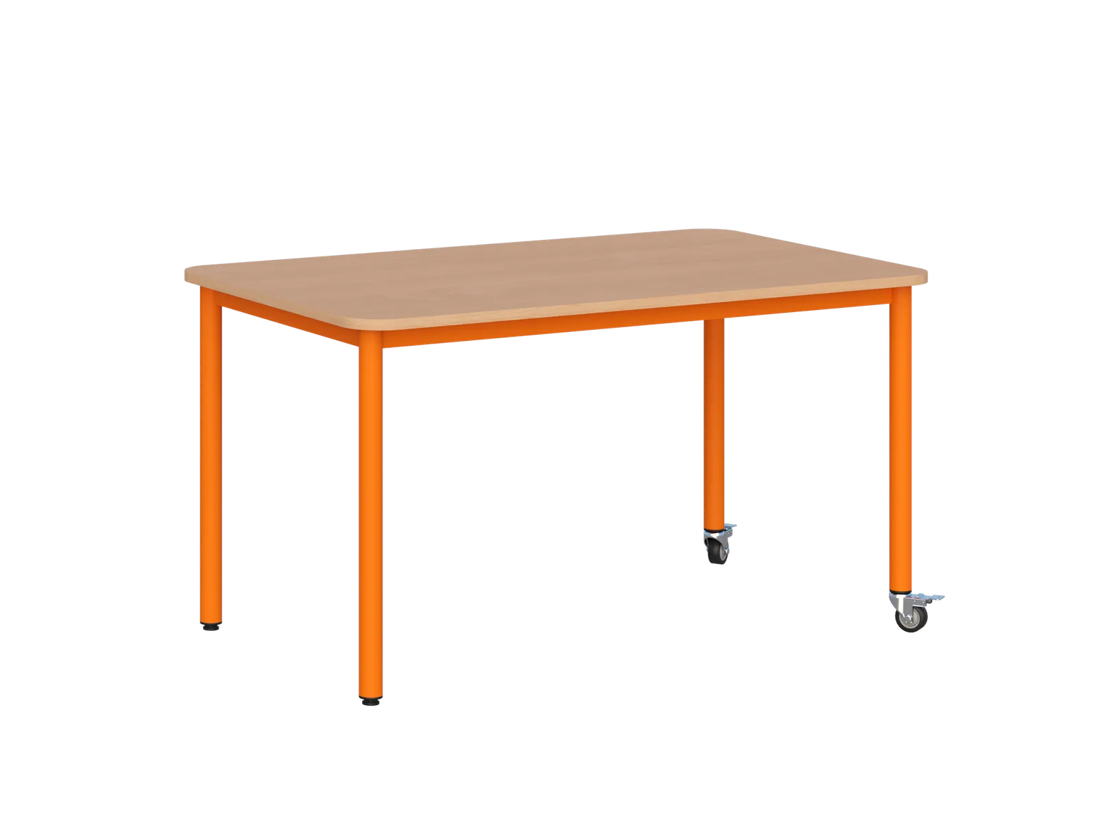 Stolik mobilny szkolno-przedszkolny z blatem prostokątnym 1200 × 700 mm - widok od frontu, blat drewnopodobny, stelaż pomarańczowy, dwa kółka z hamulcem