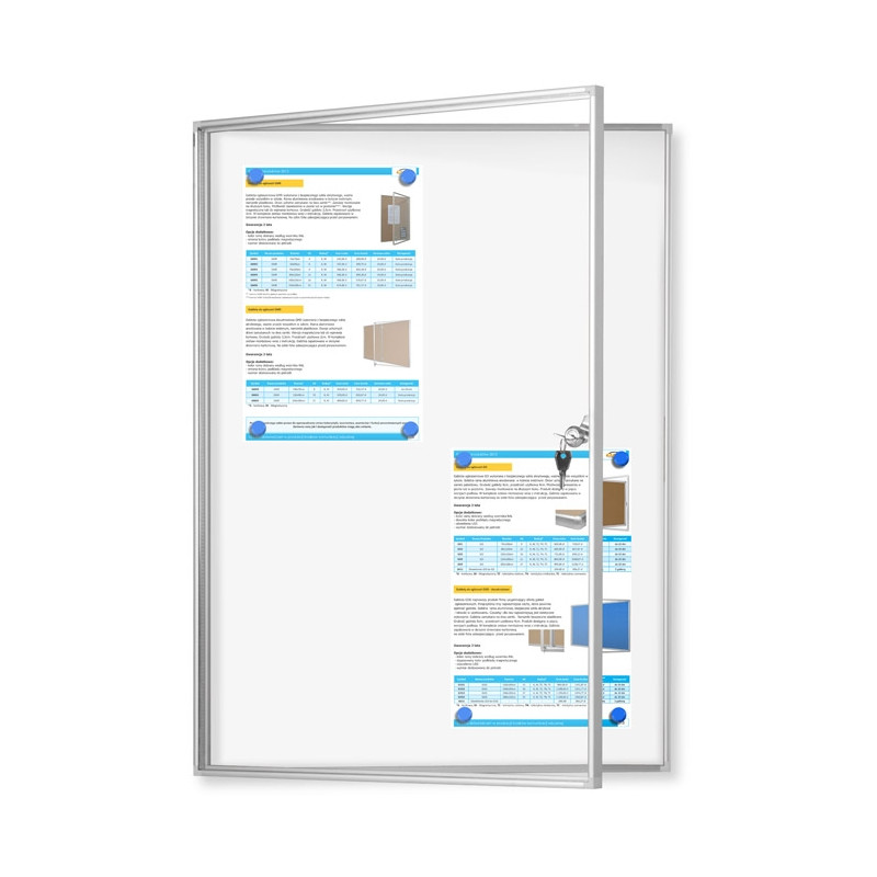 Gablota ogłoszeniowa GMR 60x90 cm - widok od frontu z otwartym skrzydłem i podłożem magnetycznym białym