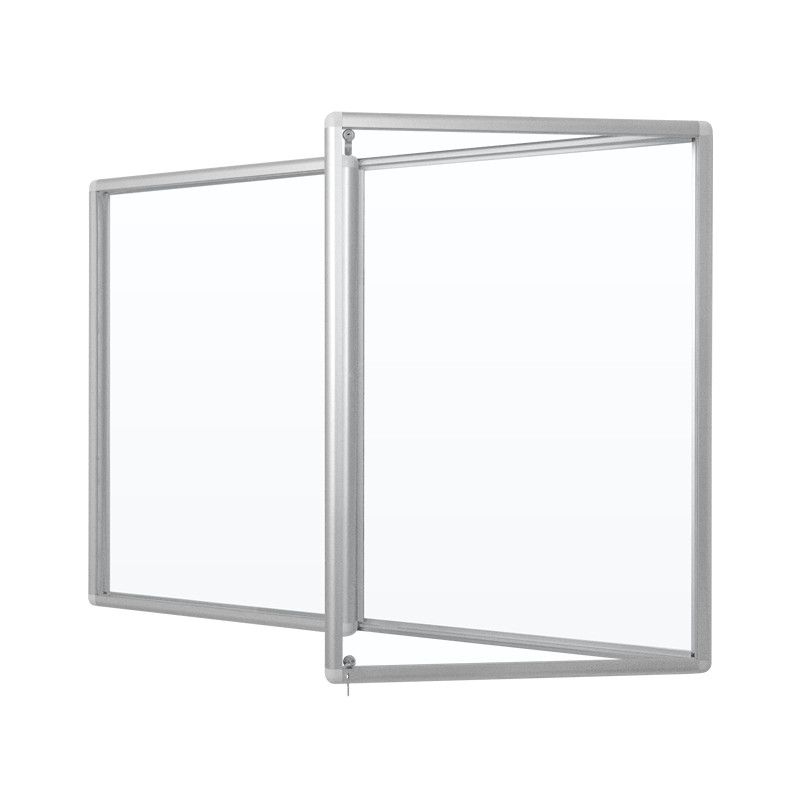 Gablota ogłoszeniowa GOG 120x100 cm - widok od frontu, lewe skrzydło otwarte, podłoże magnetyczne białe, dwa zamki na słupku