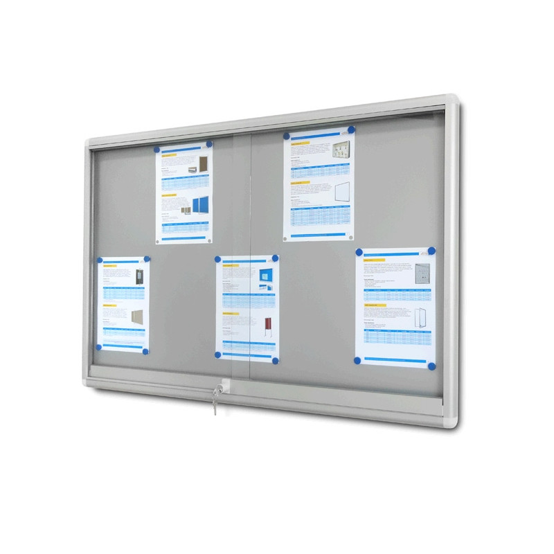 Gablota ogłoszeniowa GCS 140x100 cm - wariant z podłożem magnetycznym srebrnym, drzwi przesuwne i zamek