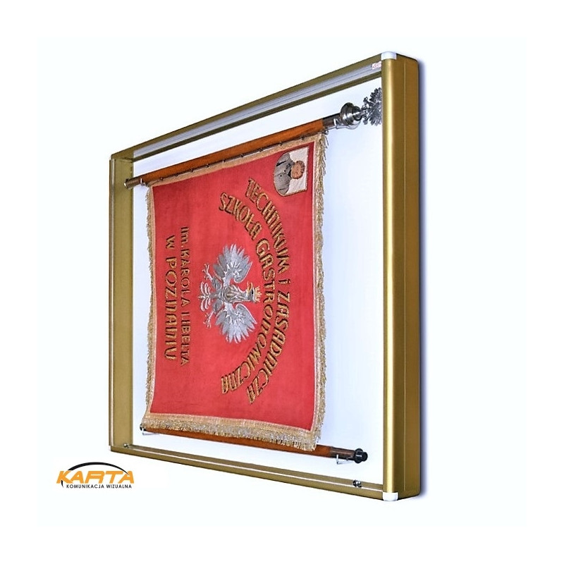 Gablota na sztandar GSZ13 160x140x13 cm - wariant z ramą aluminiową malowaną na złoto