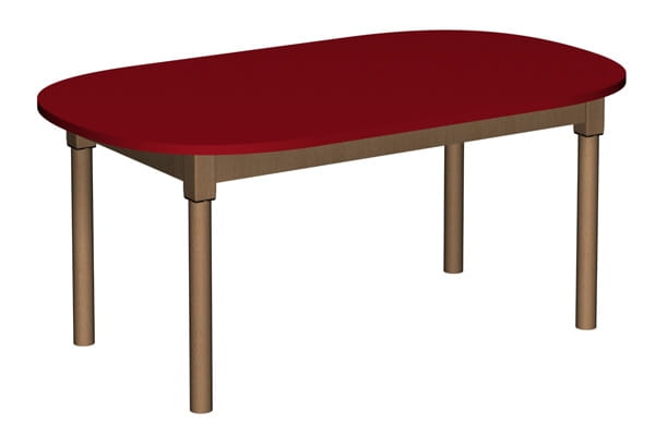 Stół owalny 1200 × 700 mm z nogą drewnianą - widok od frontu, blat czerwony, nogi bukowe okrągłe