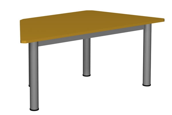Stół przedszkolny regulowany 1-3 trapezowy 1400x700 noga fi 60 - widok od frontu, blat trapezowy żółty, stelaż aluminiowy, czarne zatyczki na nogach