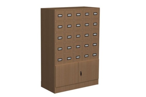 Szafka katalogowa biblioteczna typ E 30 szuflad - 1400 × 1043 × 440 mm, ramki Gutenberga, pręty na karty
