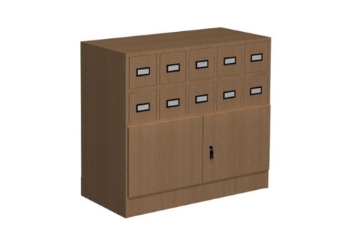 Szafka katalogowa biblioteczna typ B 10 szuflad - 840 × 1043 × 440 mm, ramki Gutenberga, pręty na karty