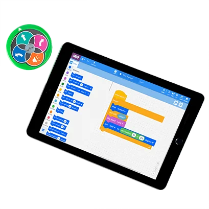 Robot VEX 123 i aplikacja programistyczna VEXcode 123 na tablecie