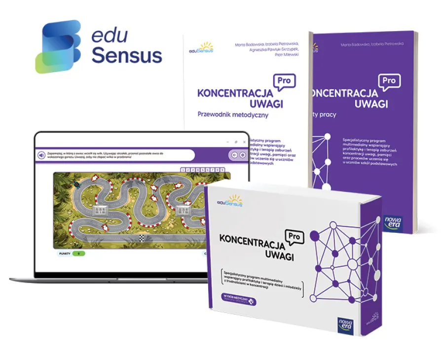 eduSensus Koncentracja Uwagi PRO - zestaw: pudełko, przewodnik, karty pracy i gra na laptopie