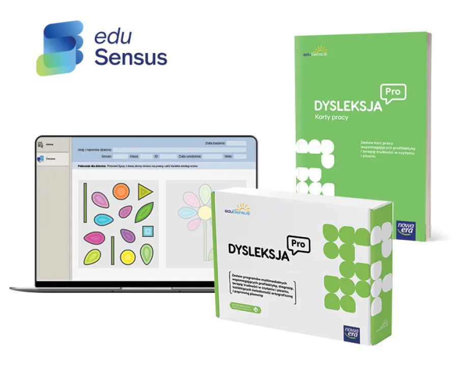 eduSensus Dysleksja PRO - pudełko, publikacja Karty pracy i ekran programu