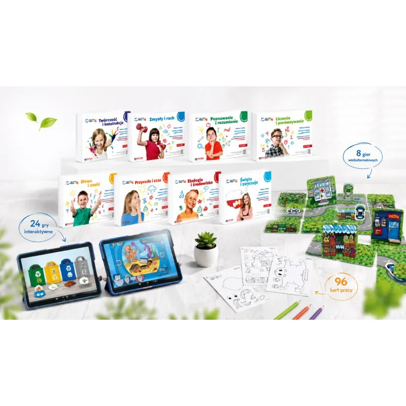 Zawartość zestawu Harmonijny Rozwój - pendrive, gry planszowe, karty pracy i poradnik