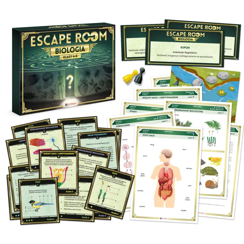 Gra escape room. Biologia - plansze, mapy i karty z zadaniami