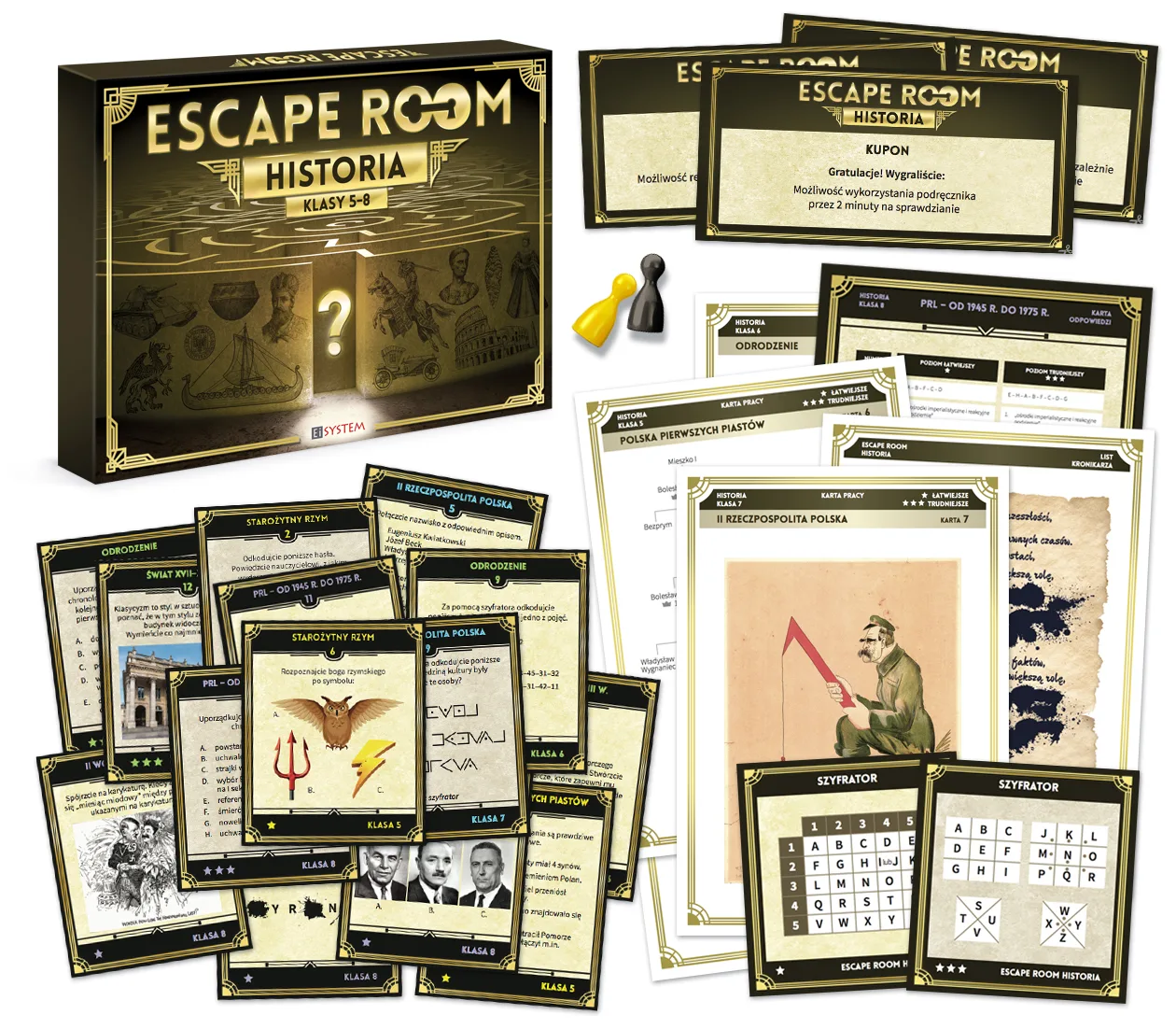 Gra escape room. Historia - zestaw pomocy, plansze, karty z pytaniami i kłódka