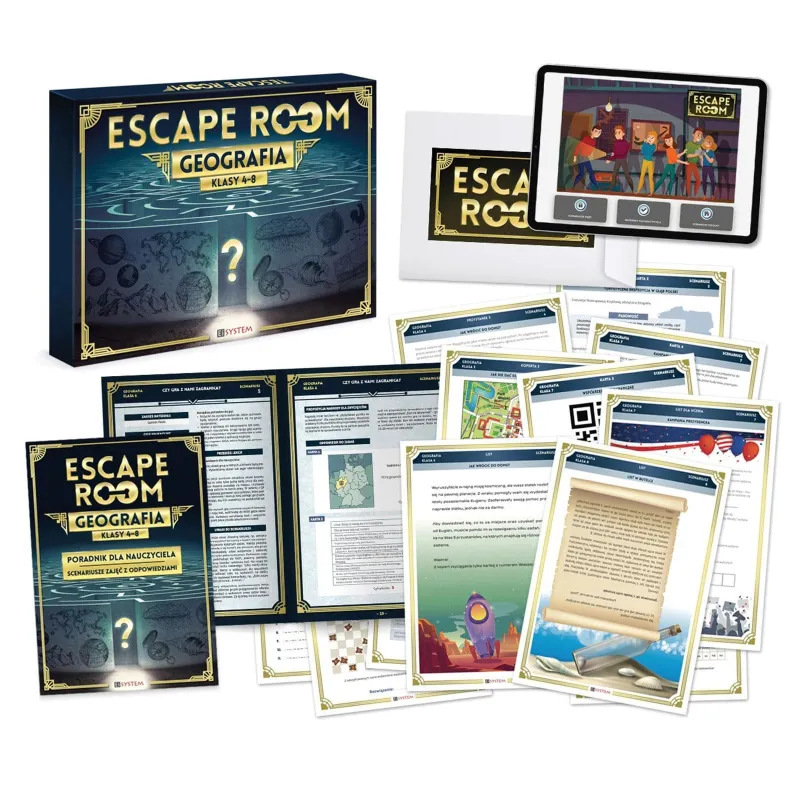 Elementy zestawu escape room Geografia - poradnik dla nauczyciela, karty pracy, koperty i materiały