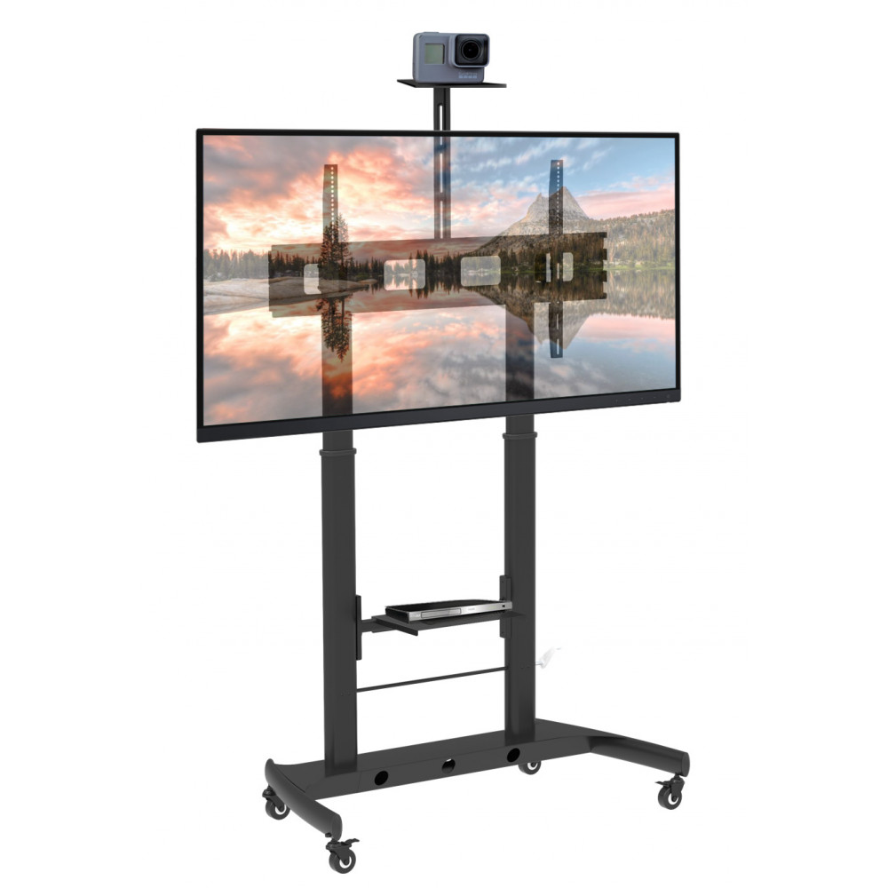 Stojak Techly ICA-TR45 z monitorem, kamerą na górnej półce i sprzętem AV na dolnej