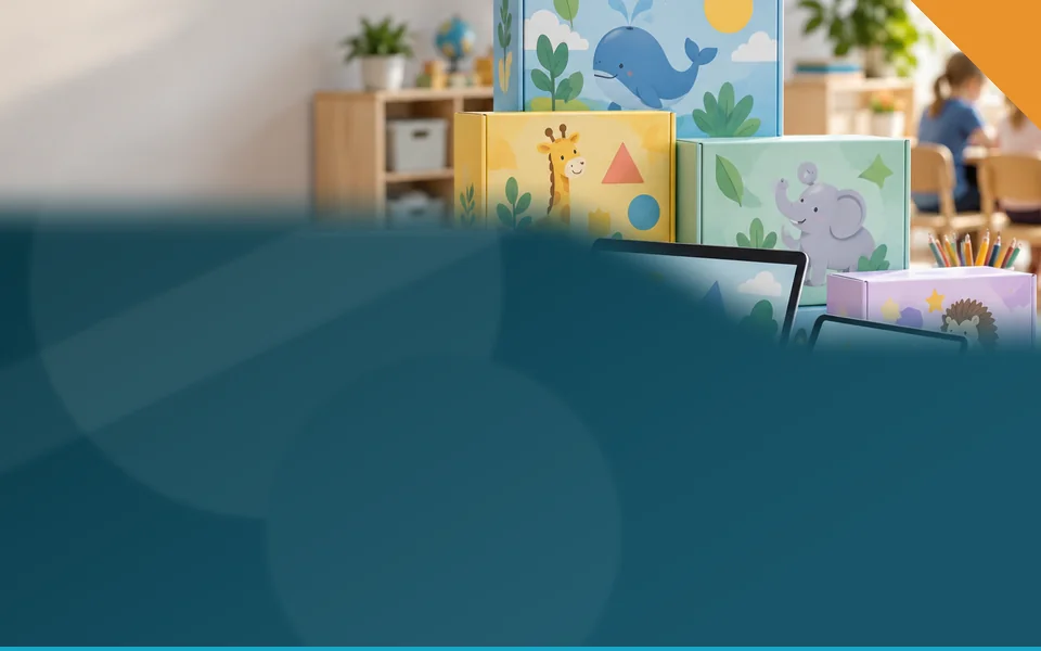 Kolorowe pudełka pakietów programów edukacyjnych obok laptopa i tabletu z grą dla dzieci
