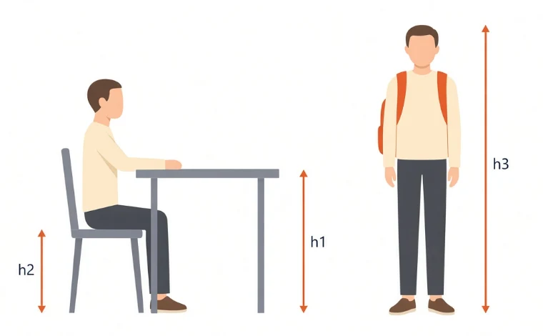 Uczeń przy stoliku: h1 wysokość blatu, h2 wysokość siedziska, h3 wzrost ucznia