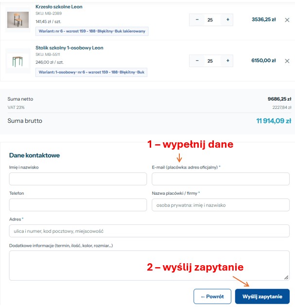 Formularz danych kontaktowych i przycisk Wyślij zapytanie